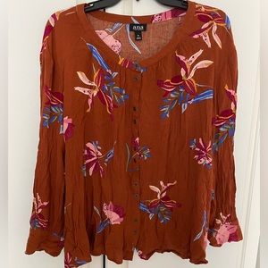 ANA Blouse Womens Medium L Long Sleeve Button Up Lightweight Floral brown